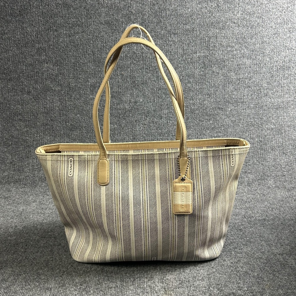 Coach Tote Bag Womens Large Beige Stripe Canvas Leather Shoulder Purse Handbag